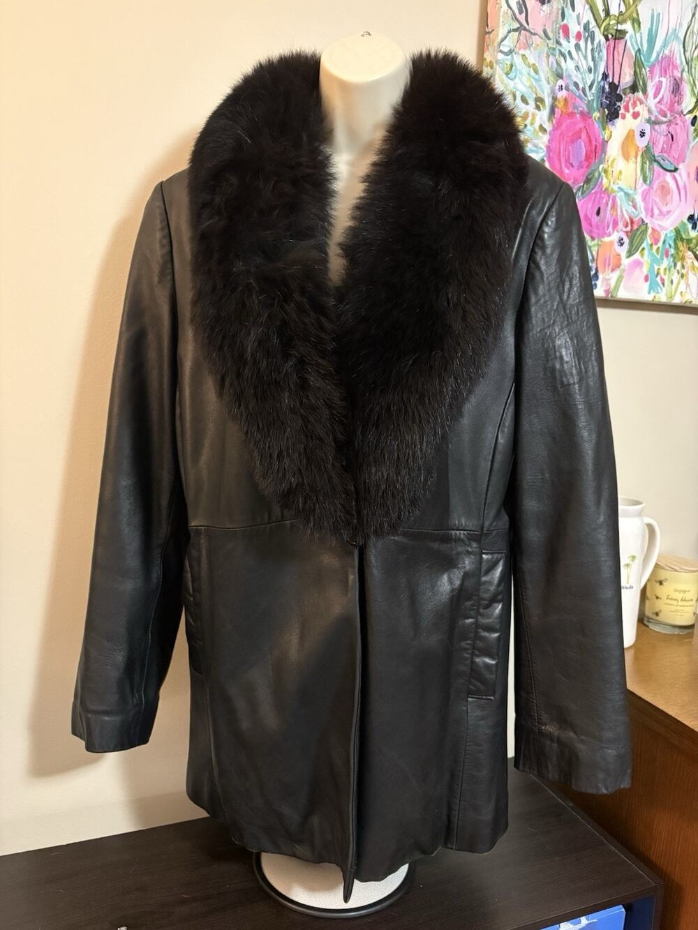 Vintage Marvin Richards Black Leather Coat Real Fox Fur Collar Women’s L Jacket